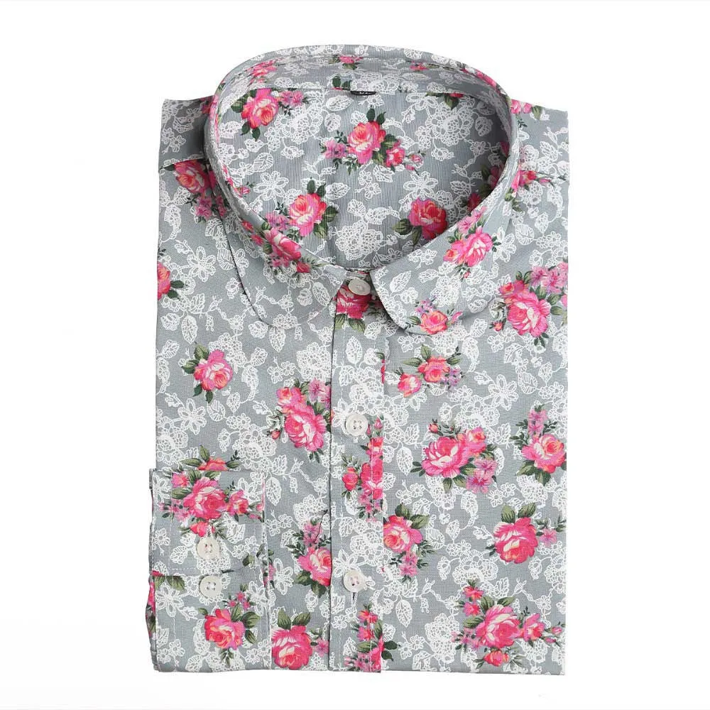 Floral Women Blouses And Shirts Women Cotton Office Female Blouse Long Sleeve Women's Shirt Turn-down Collar Clothes
