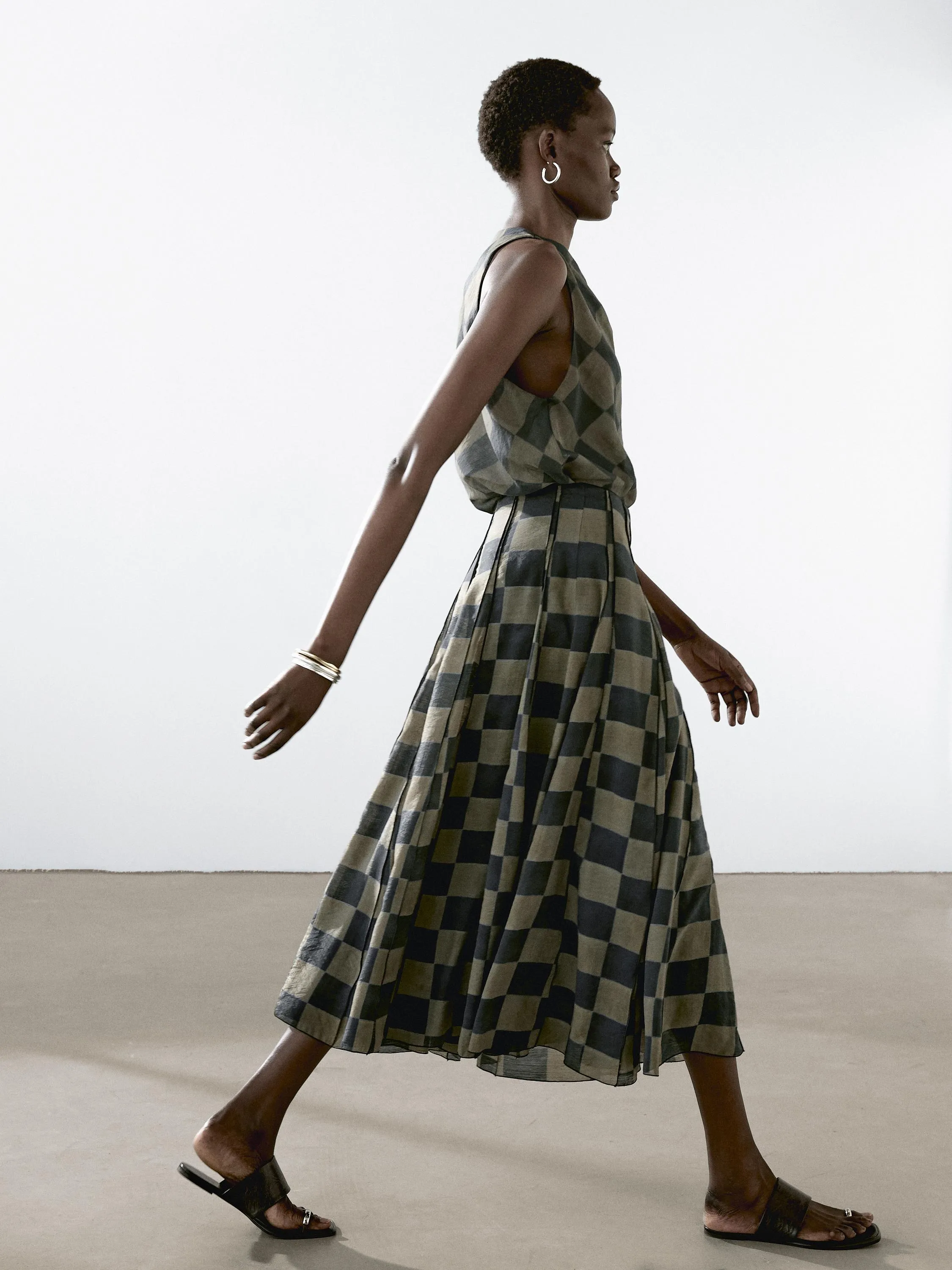 Flowing check midi skirt