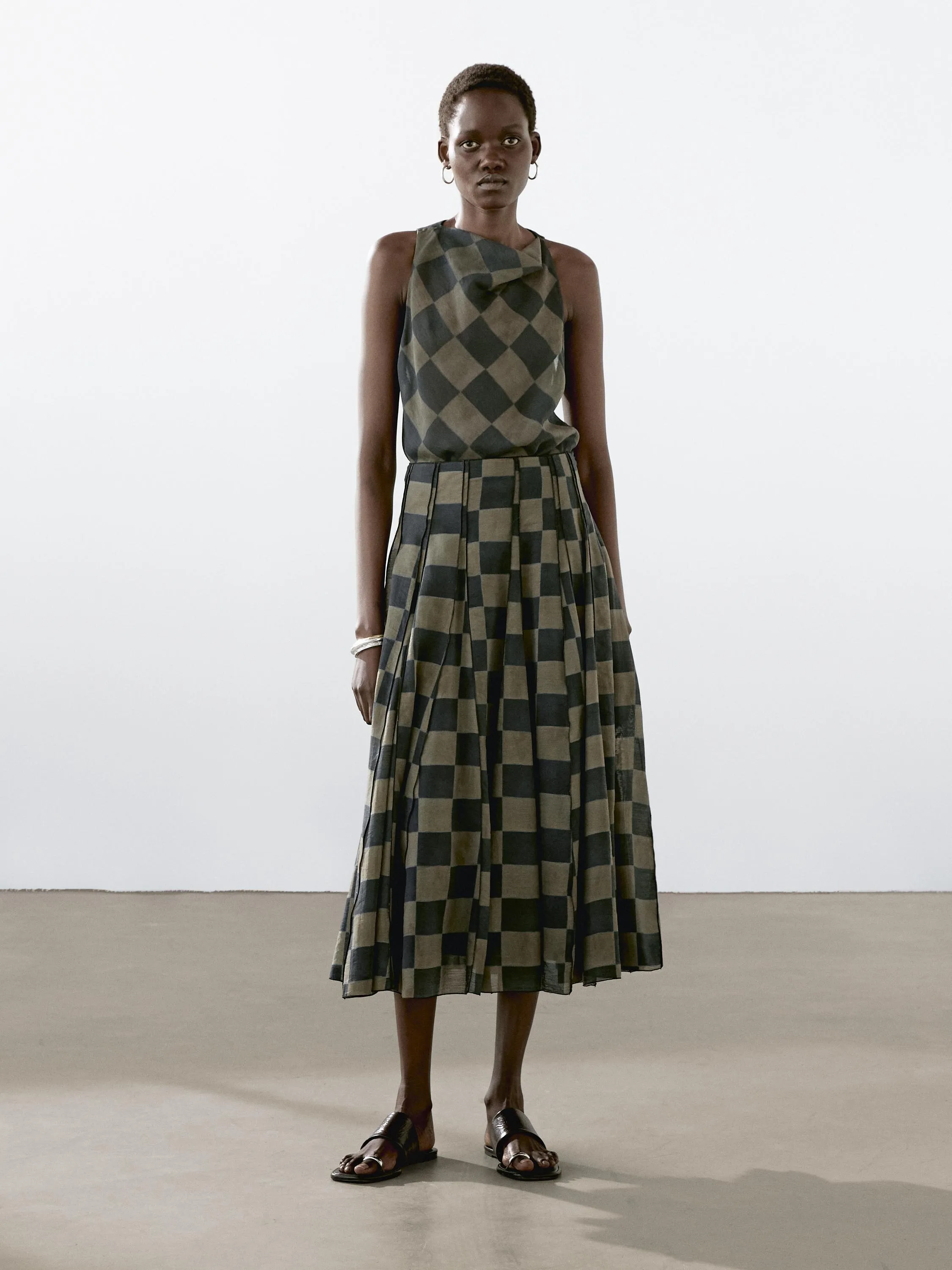 Flowing check midi skirt