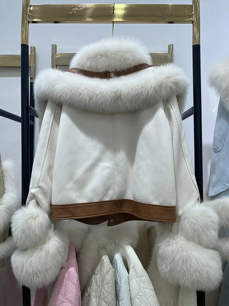 Fox Fur Collar Women Motorcycle Puffer Jackets