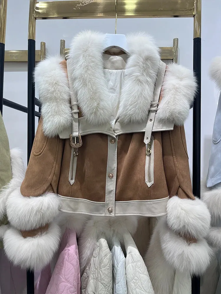 Fox Fur Collar Women Motorcycle Puffer Jackets