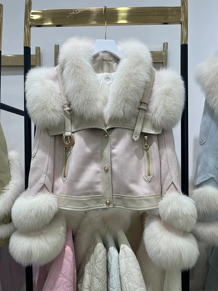 Fox Fur Collar Women Motorcycle Puffer Jackets