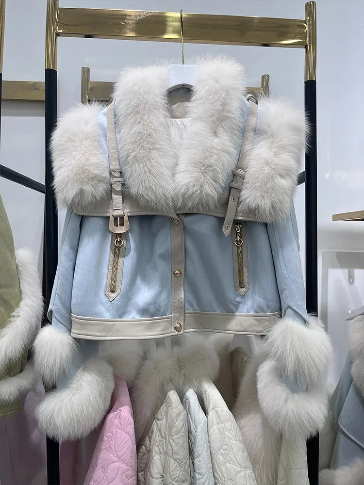 Fox Fur Collar Women Motorcycle Puffer Jackets