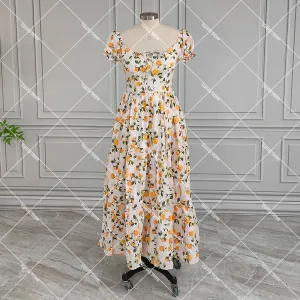 Fruint Print Cotton Manor Short Lantern Sleeves Vintage Dress Midi Laceup Sweetheart Zipper Customized Cottagecore Gowns