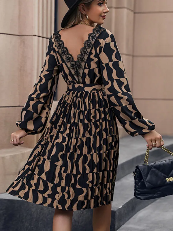 Geometric Print Mid-Length Dress with Belted Waist and Pleated Skirt