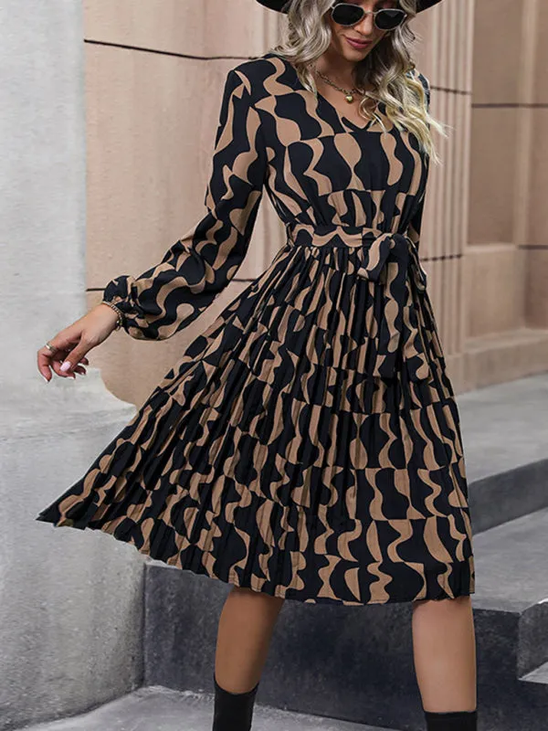 Geometric Print Mid-Length Dress with Belted Waist and Pleated Skirt