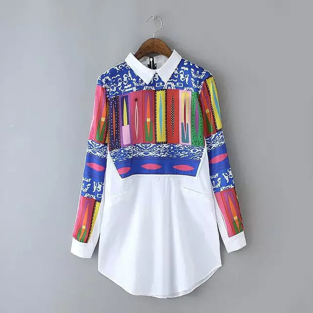 Geometric Printed Women's Shirt Long Sleeve Lapel Blouses Leisure Tops Blouses