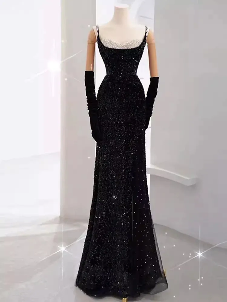 Gorgeous Black Side Slit Spaghetti Strap Evening Dresses, PDS1061