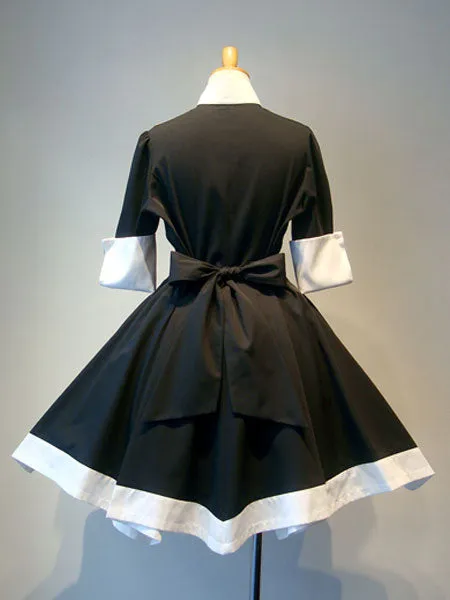 Gothic Lolita OP Dress Bow Button Two Tone Pleated Black Lolita One Piece Dress