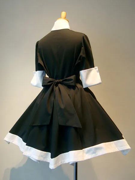 Gothic Lolita OP Dress Bow Button Two Tone Pleated Black Lolita One Piece Dress