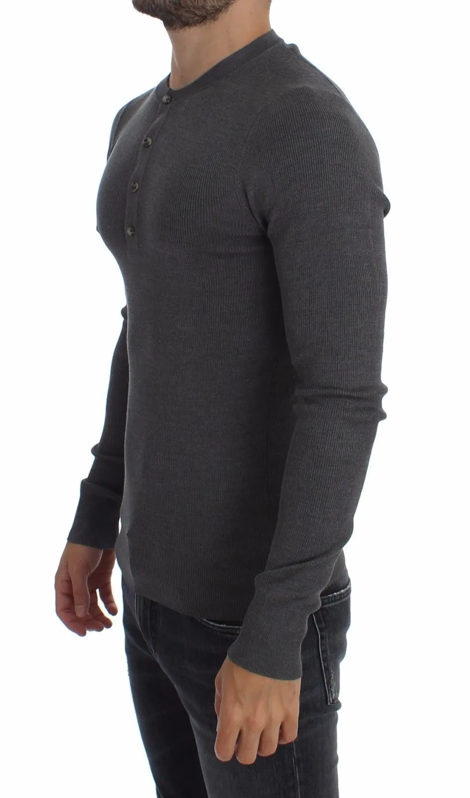 Gray Silk Henley Button Sweater