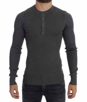 Gray Silk Henley Button Sweater