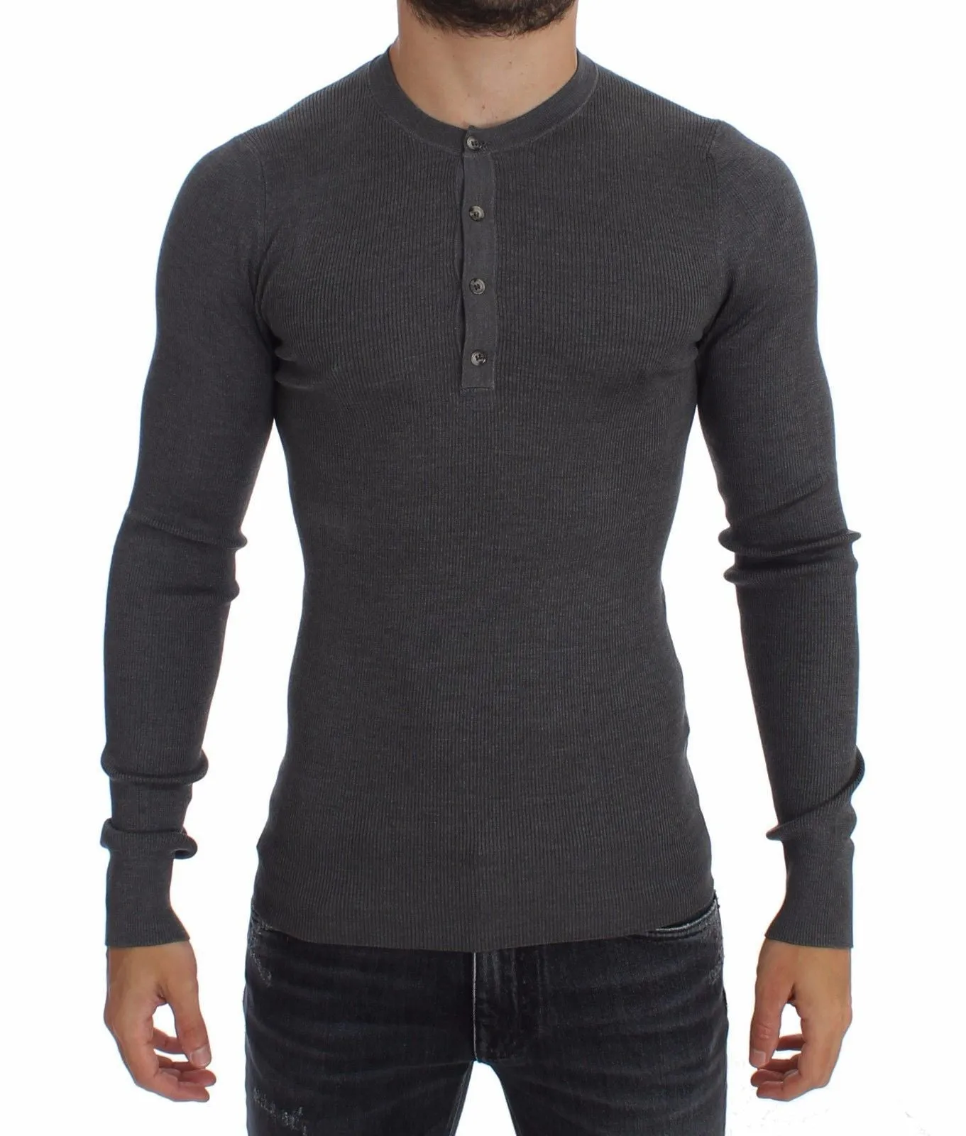 Gray Silk Henley Button Sweater
