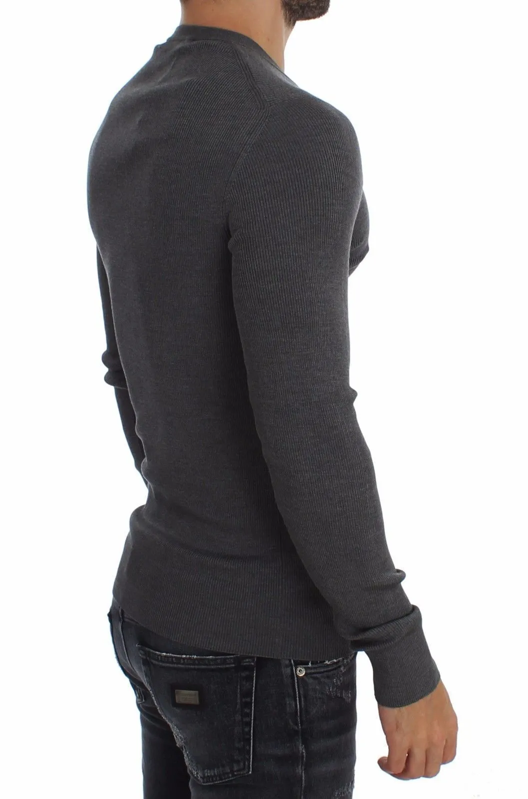 Gray Silk Henley Button Sweater