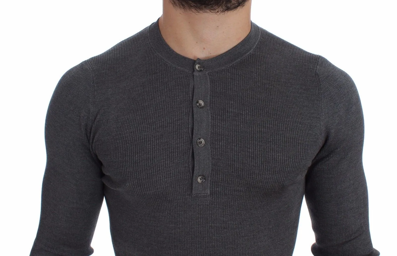 Gray Silk Henley Button Sweater