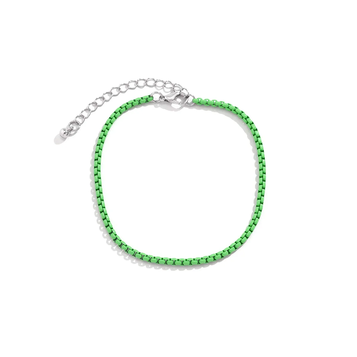 Green Enamel & Silver-Plated Box Chain Anklet