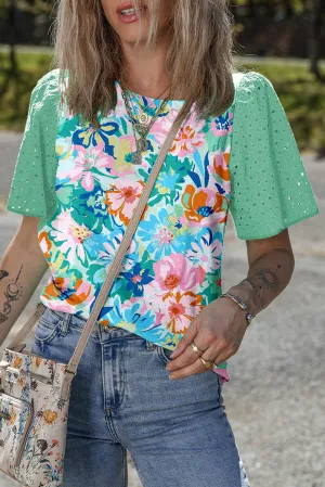 Green Floral Eyelet Embroidered Top