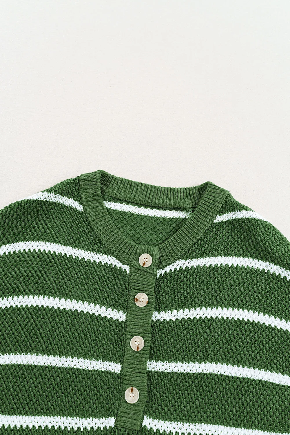 Green Stripe Henley Buttoned Placket Drop Shoulder Bracelet Sleeve Knit Sweater Tee
