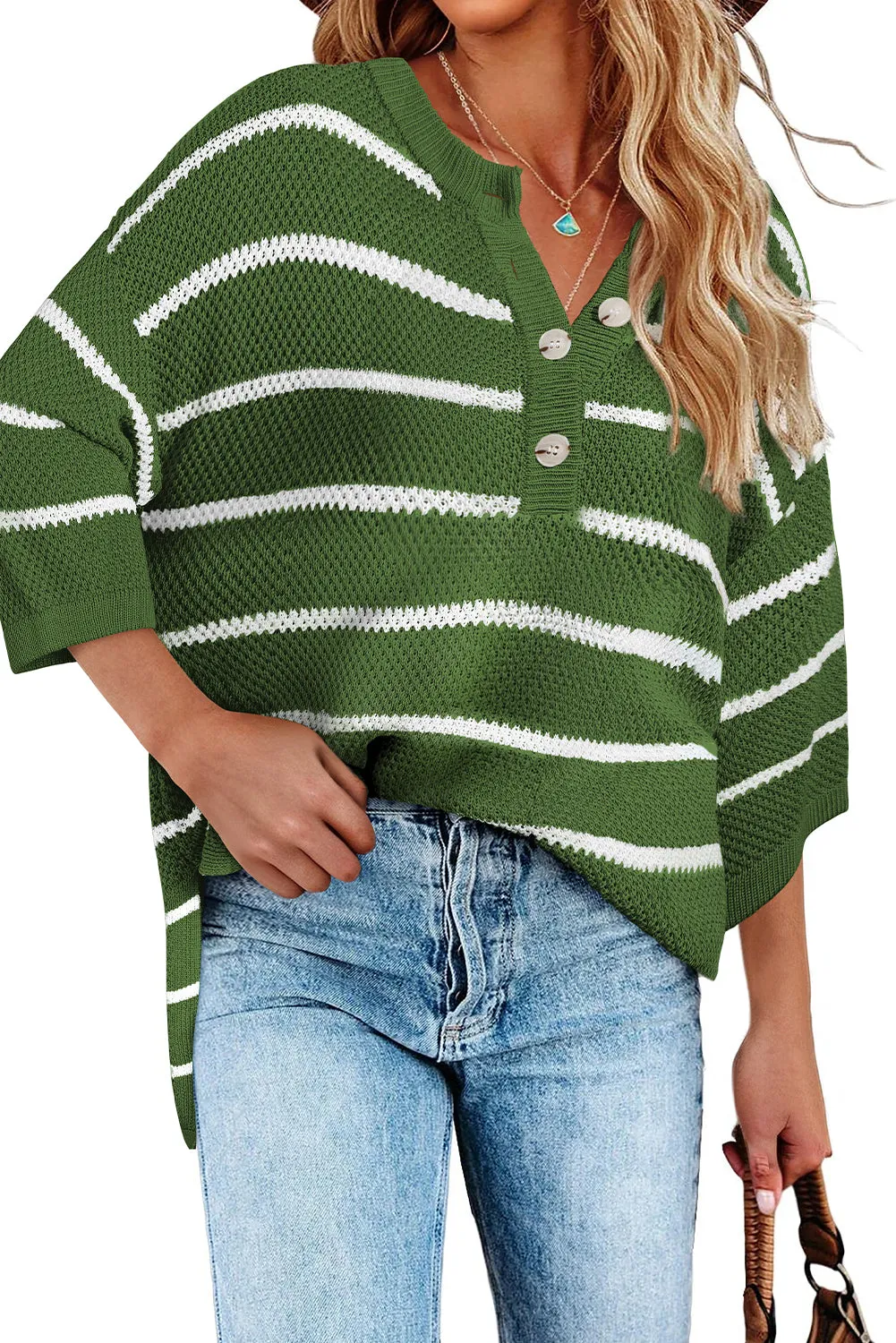 Green Stripe Henley Buttoned Placket Drop Shoulder Bracelet Sleeve Knit Sweater Tee