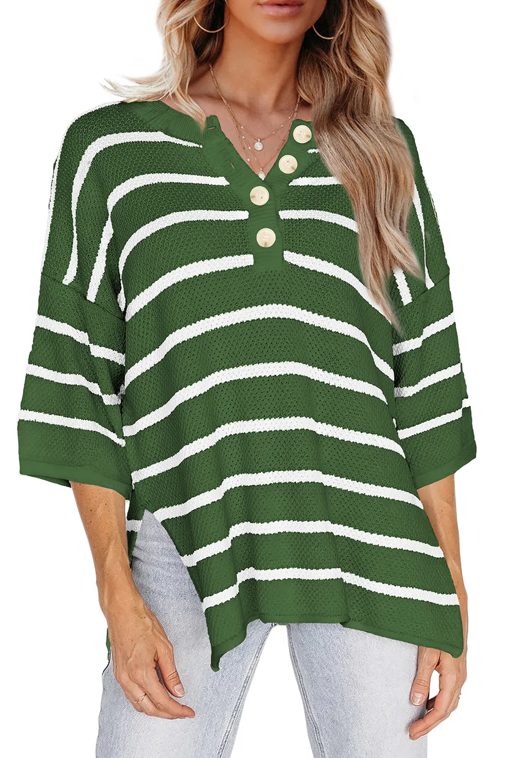 Green Stripe Henley Buttoned Placket Drop Shoulder Bracelet Sleeve Knit Sweater Tee