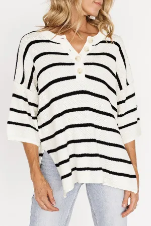 Green Stripe Henley Buttoned Placket Drop Shoulder Bracelet Sleeve Knit Sweater Tee
