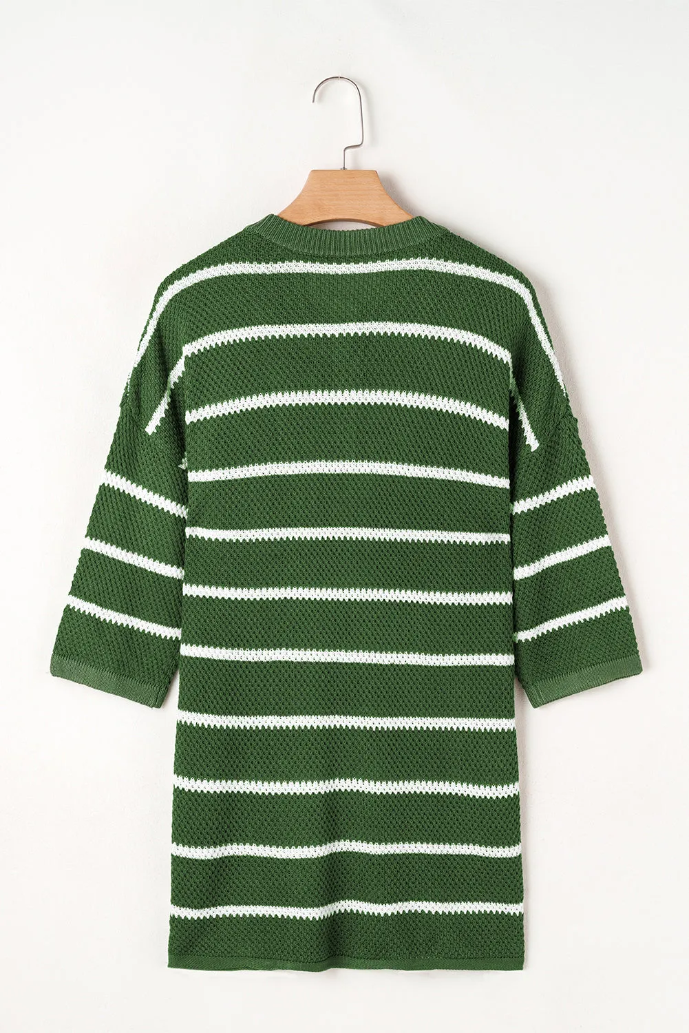 Green Stripe Henley Buttoned Placket Drop Shoulder Bracelet Sleeve Knit Sweater Tee