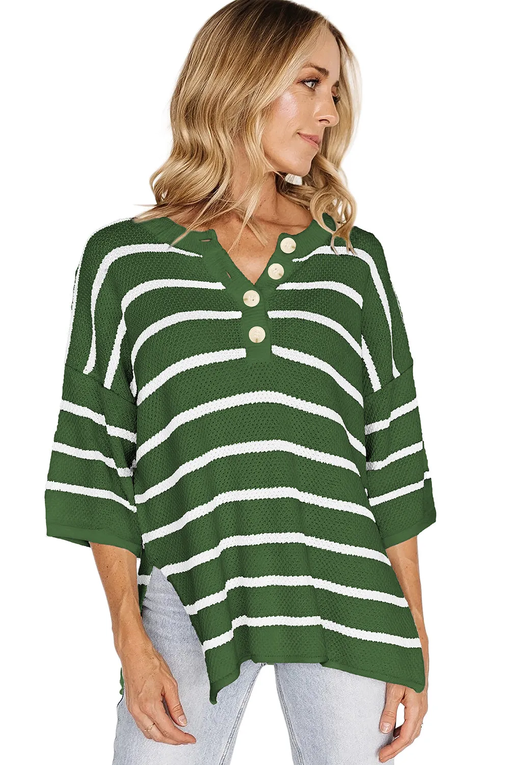 Green Stripe Henley Buttoned Placket Drop Shoulder Bracelet Sleeve Knit Sweater Tee