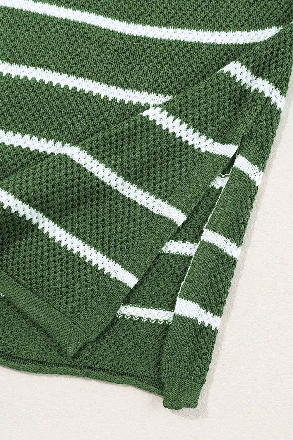 Green Stripe Henley Buttoned Placket Drop Shoulder Bracelet Sleeve Knit Sweater Tee