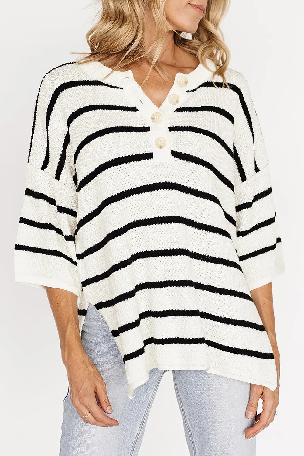 Green Stripe Henley Buttoned Placket Drop Shoulder Bracelet Sleeve Knit Sweater Tee