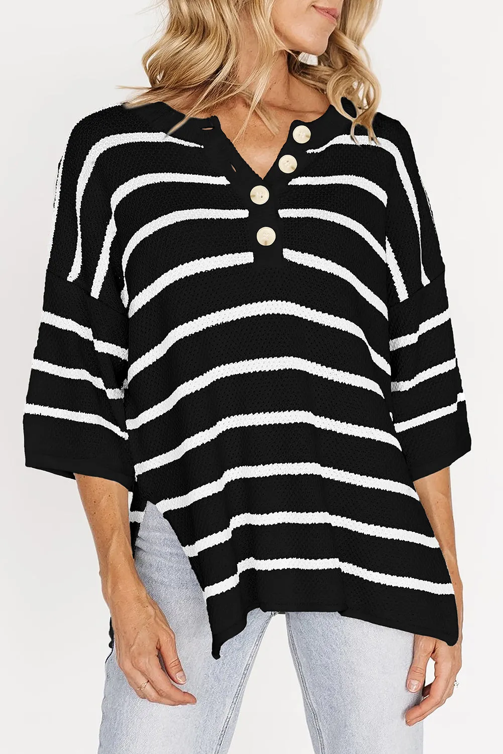 Green Stripe Henley Buttoned Placket Drop Shoulder Bracelet Sleeve Knit Sweater Tee