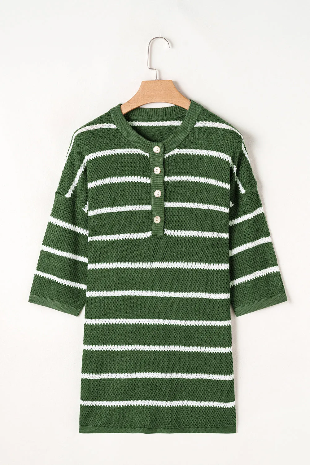 Green Stripe Henley Buttoned Placket Drop Shoulder Bracelet Sleeve Knit Sweater Tee