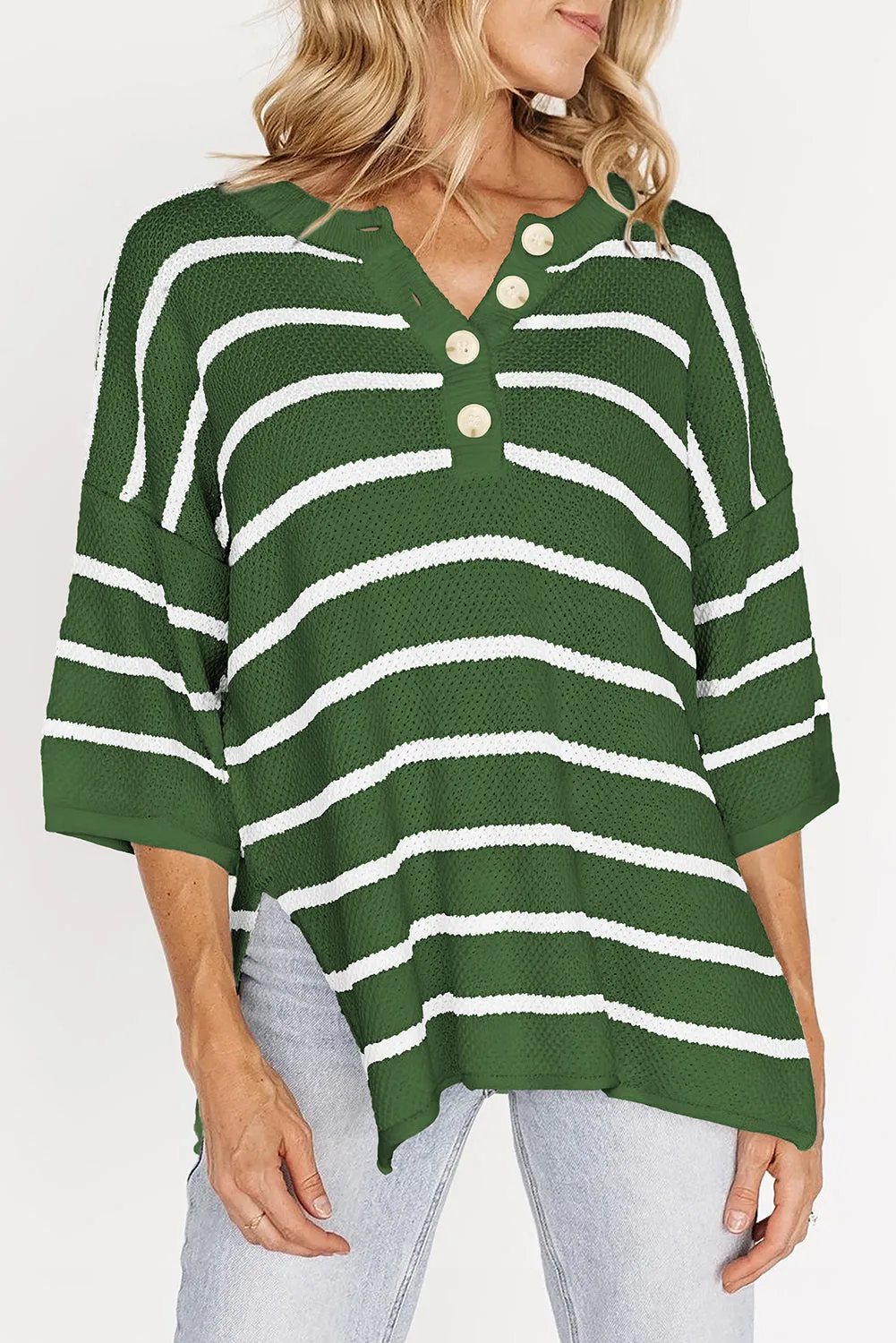 Green Stripe Henley Buttoned Placket Drop Shoulder Bracelet Sleeve Knit Sweater Tee
