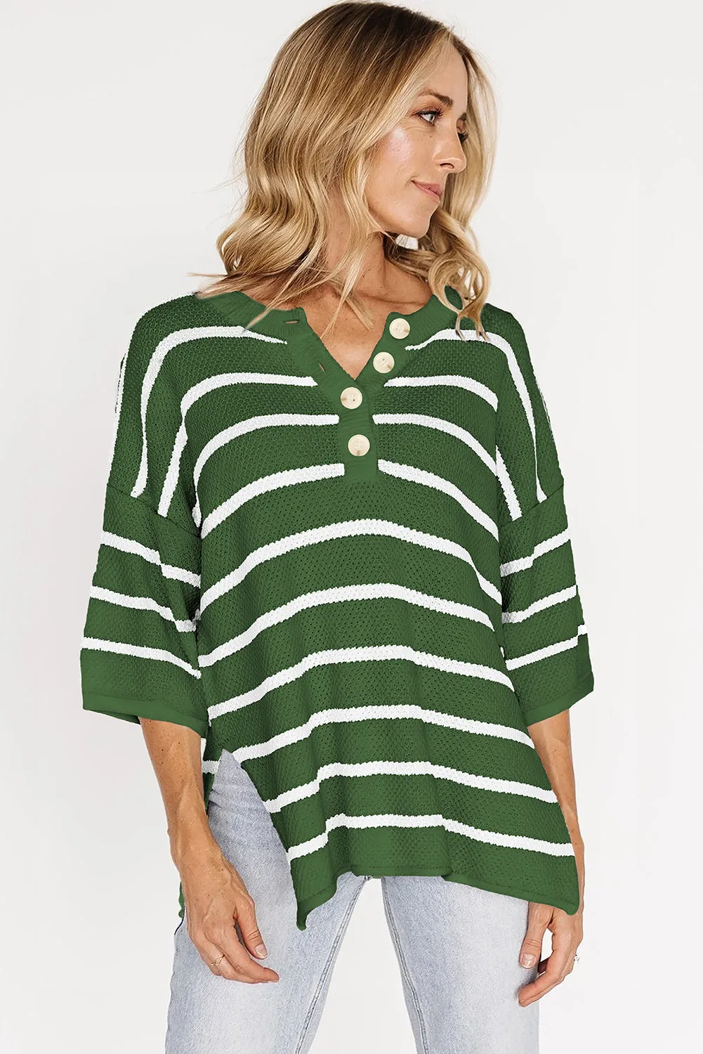 Green Stripe Henley Buttoned Placket Drop Shoulder Bracelet Sleeve Knit Sweater Tee