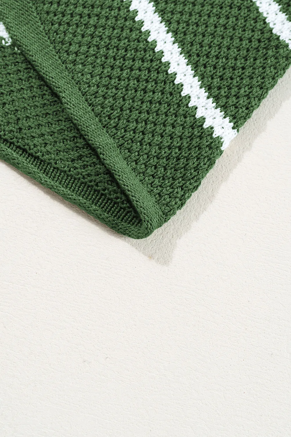 Green Stripe Henley Buttoned Placket Drop Shoulder Bracelet Sleeve Knit Sweater Tee