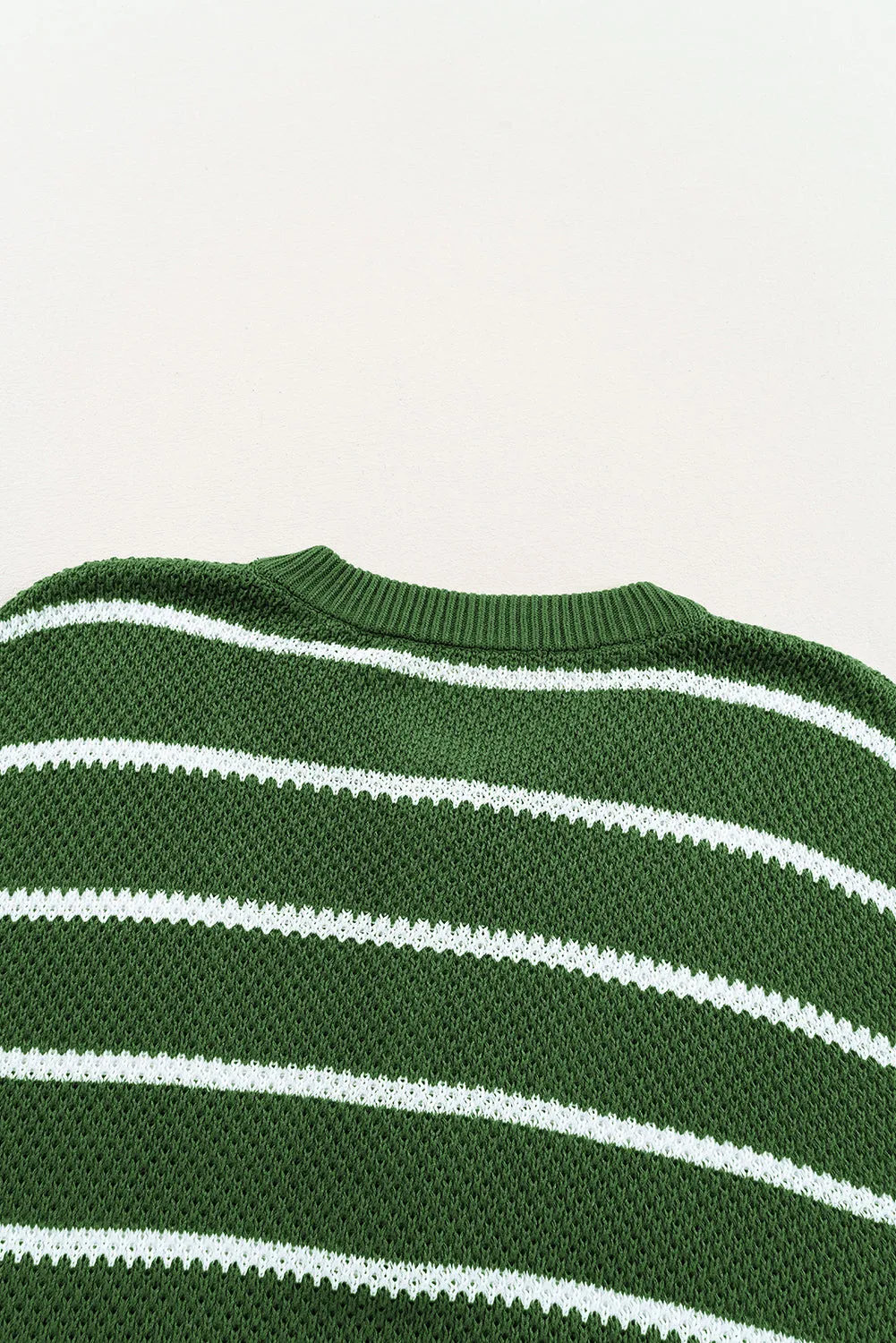 Green Stripe Henley Buttoned Placket Drop Shoulder Bracelet Sleeve Knit Sweater Tee