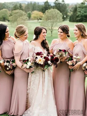 Halter Sheath Floor-length Sleeveless Cheap Simple Bridesmaid Dresses, BD1046