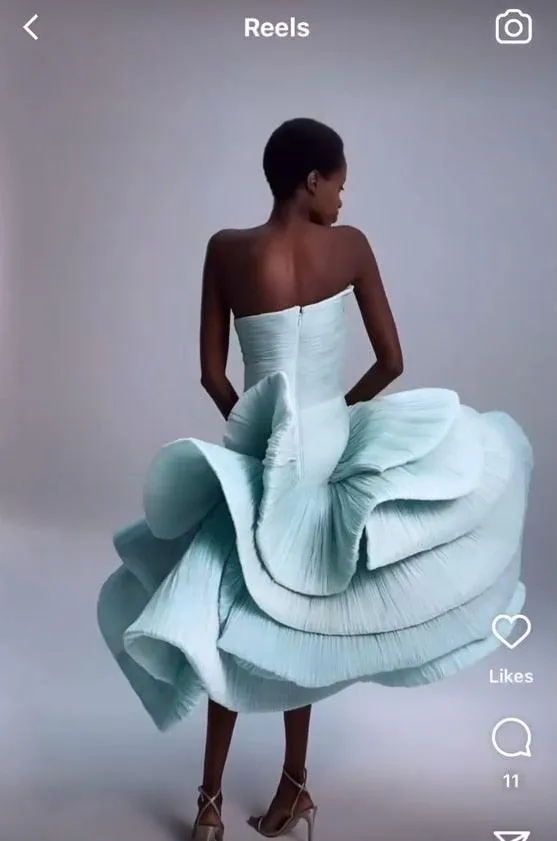 Haute couture Pale Blue Ruffles Tulle Mid Calf Length Long Prom Dress
