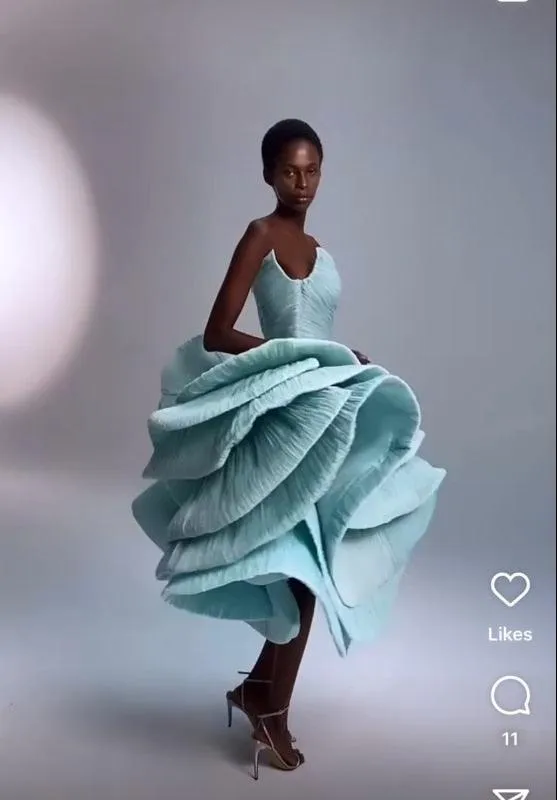 Haute couture Pale Blue Ruffles Tulle Mid Calf Length Long Prom Dress