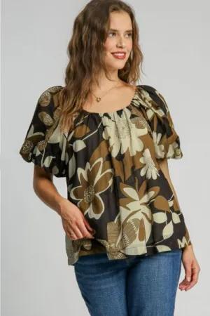 Hazel Blues® | Umgee Print Round Neck Puff Sleeve Top