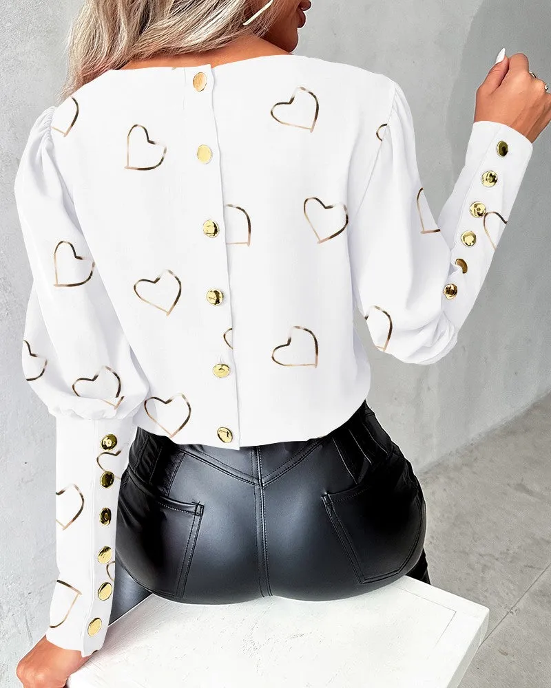 Heart Print Buttoned Long Sleeve Top