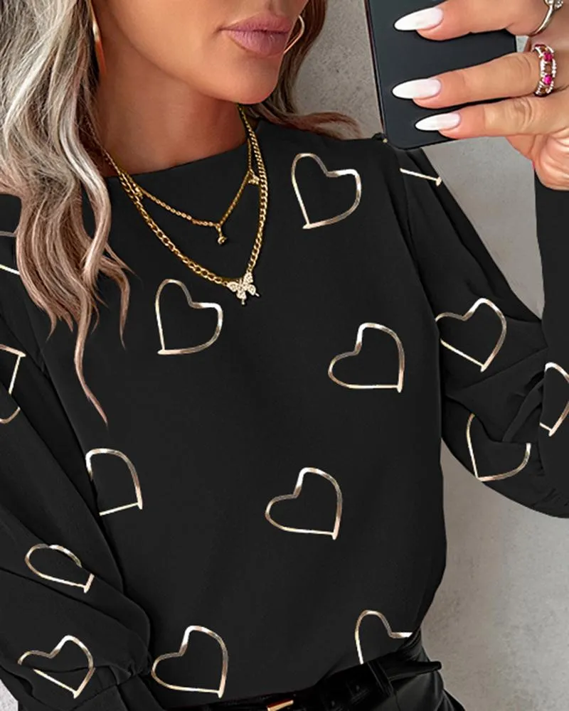 Heart Print Buttoned Long Sleeve Top
