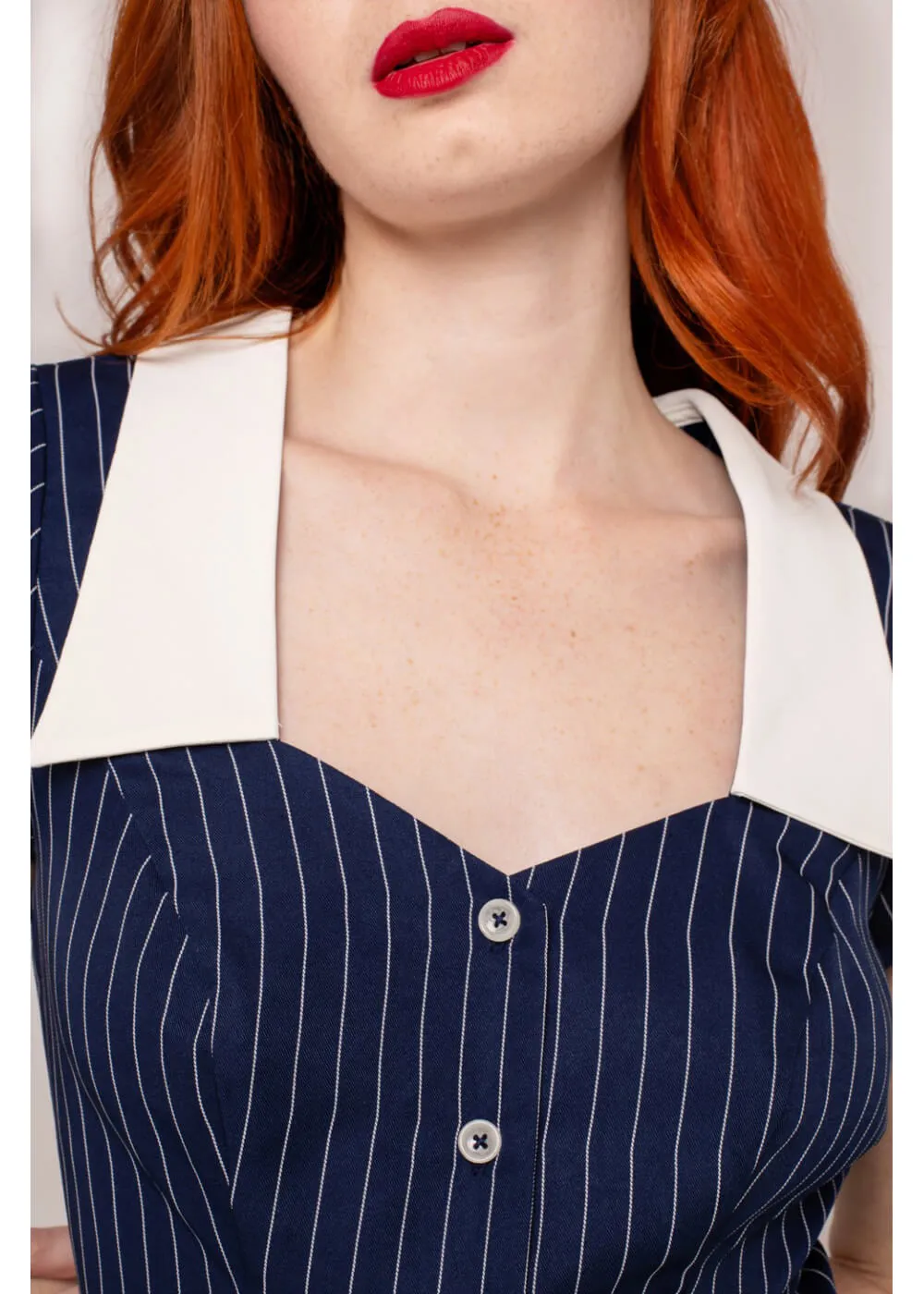 Hell Bunny Costello Pinstripe 40's Blouse Navy Blue