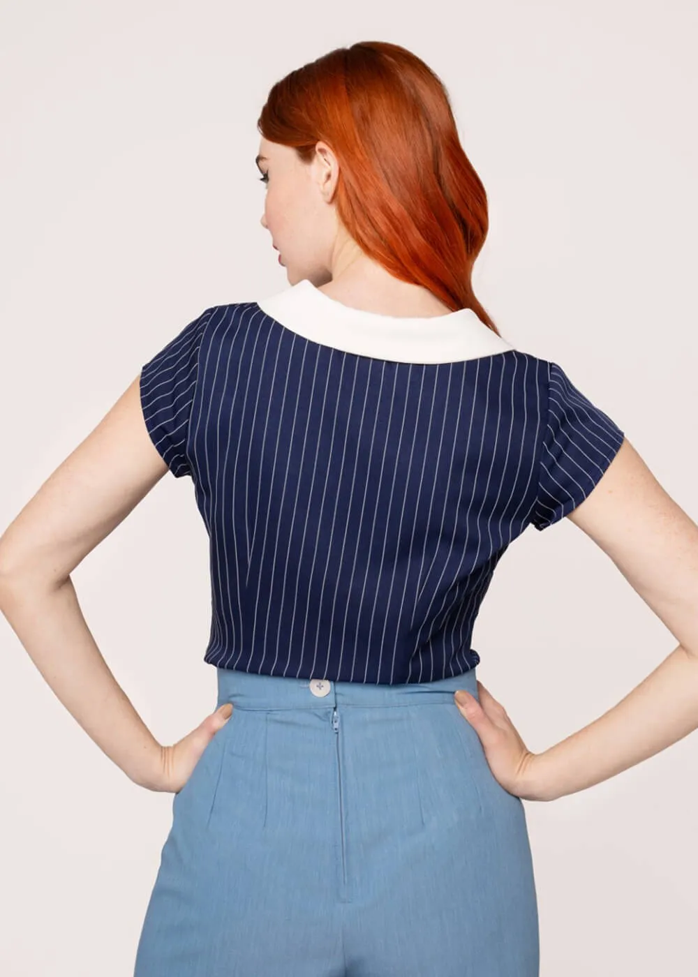 Hell Bunny Costello Pinstripe 40's Blouse Navy Blue