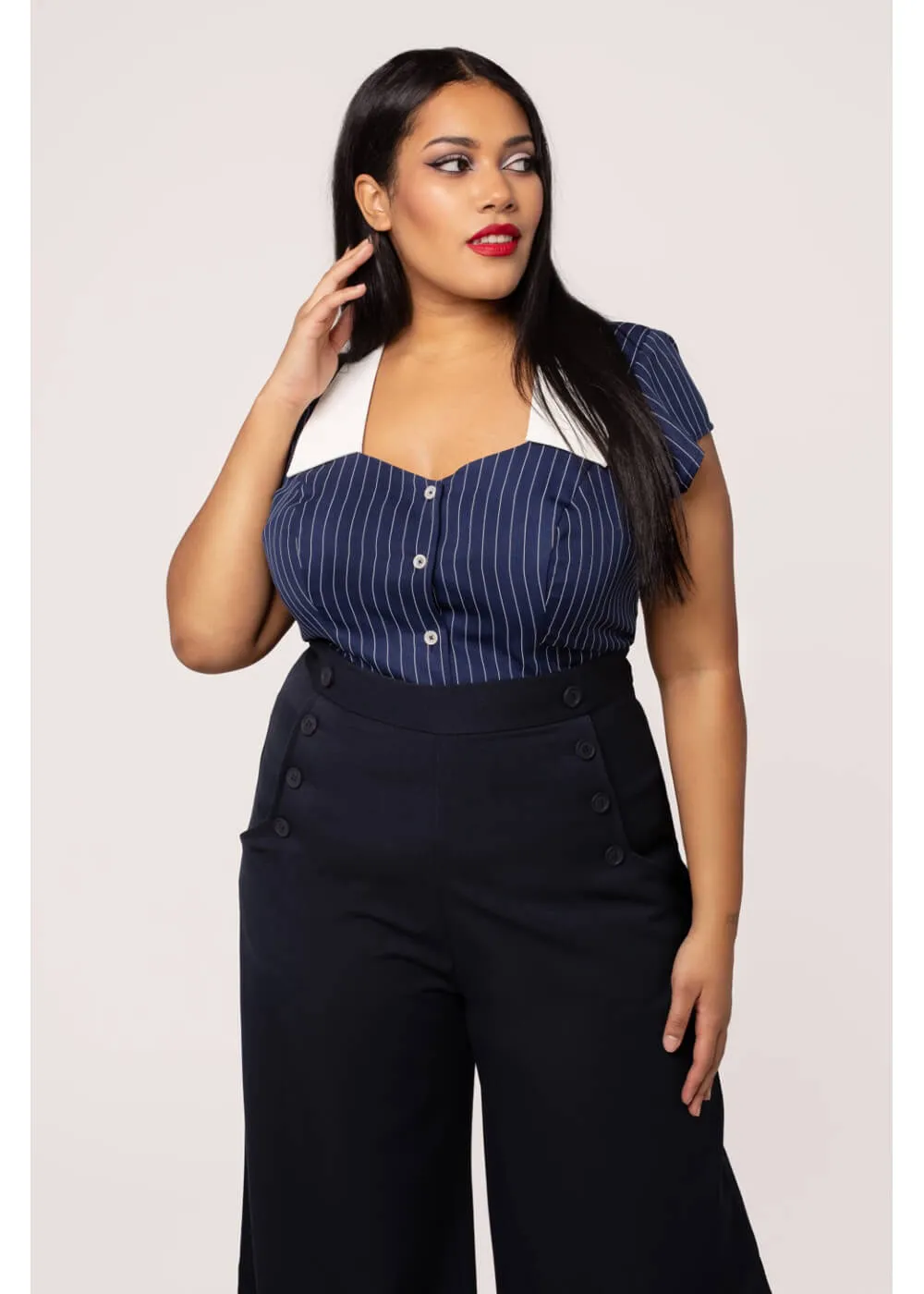 Hell Bunny Costello Pinstripe 40's Blouse Navy Blue