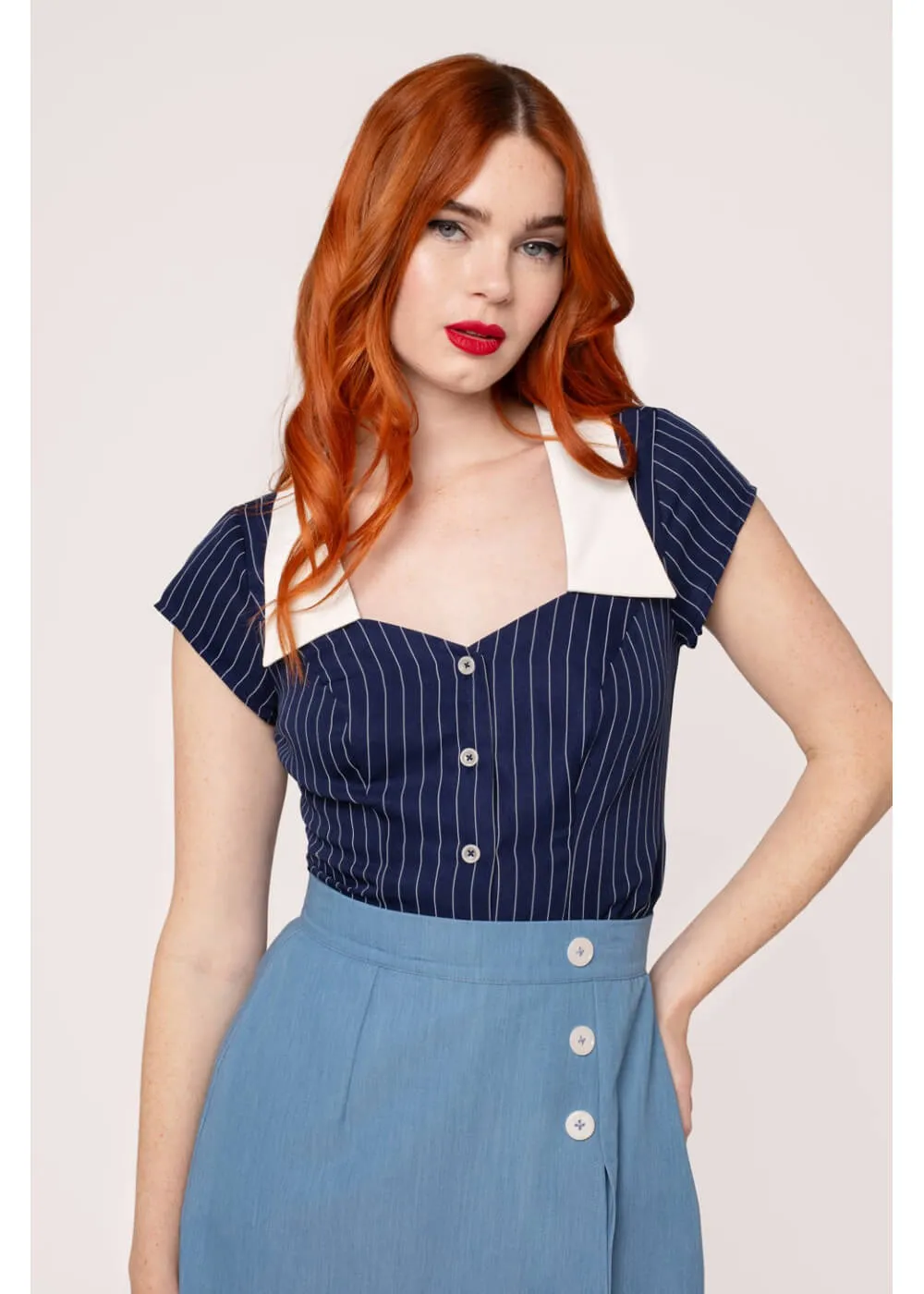 Hell Bunny Costello Pinstripe 40's Blouse Navy Blue