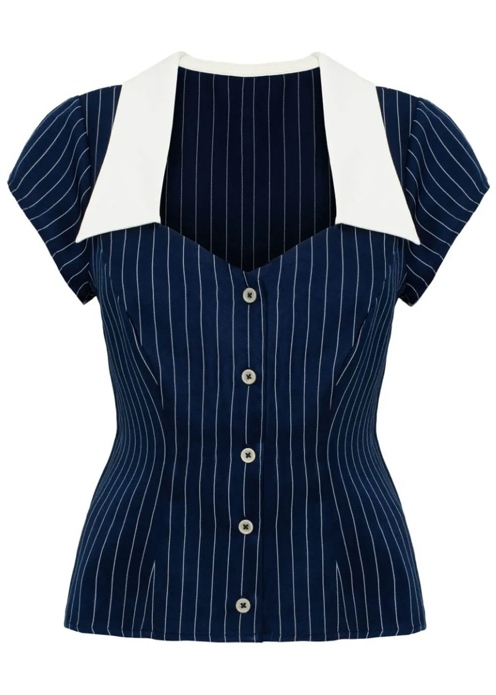 Hell Bunny Costello Pinstripe 40's Blouse Navy Blue