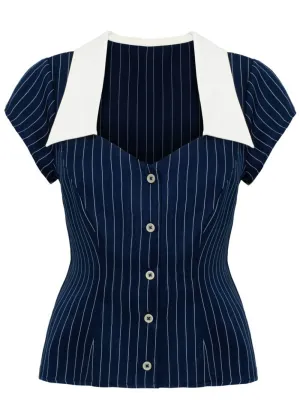 Hell Bunny Costello Pinstripe 40's Blouse Navy Blue