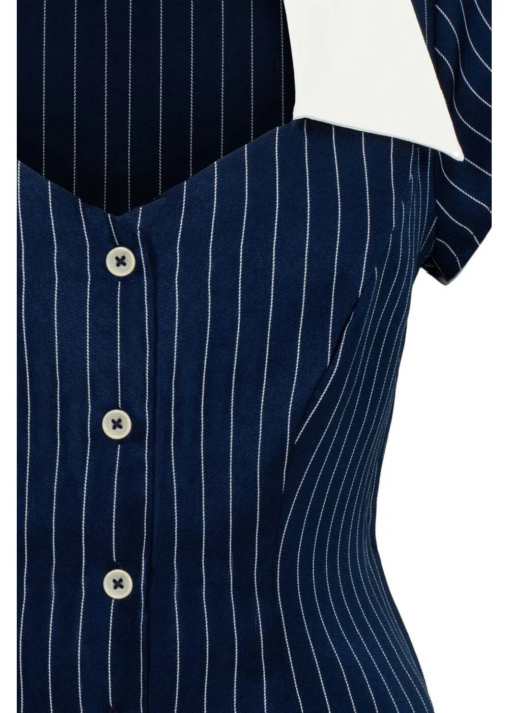 Hell Bunny Costello Pinstripe 40's Blouse Navy Blue