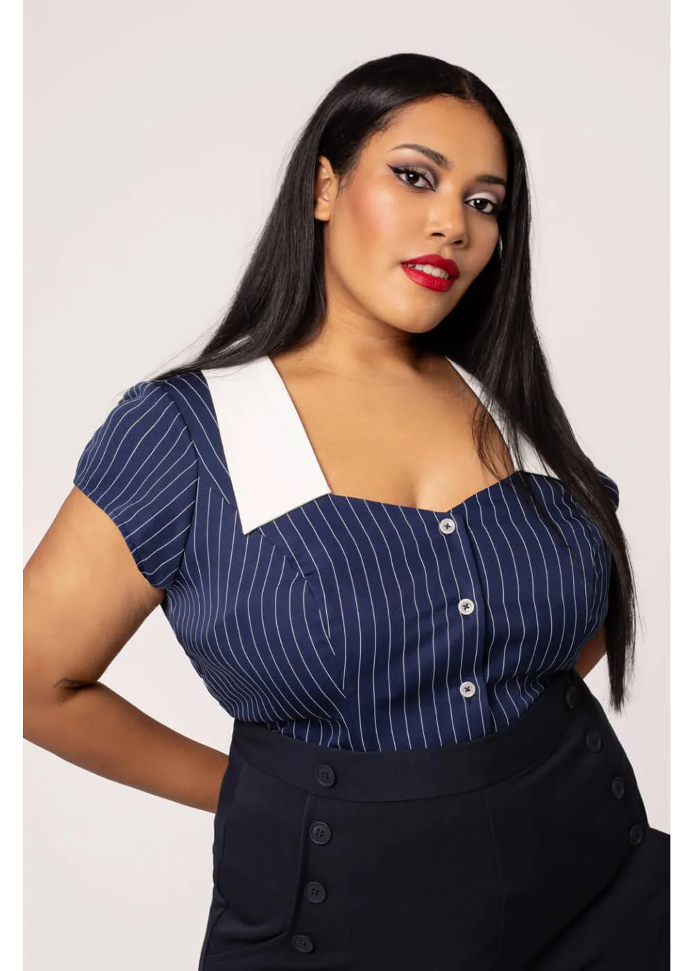 Hell Bunny Costello Pinstripe 40's Blouse Navy Blue