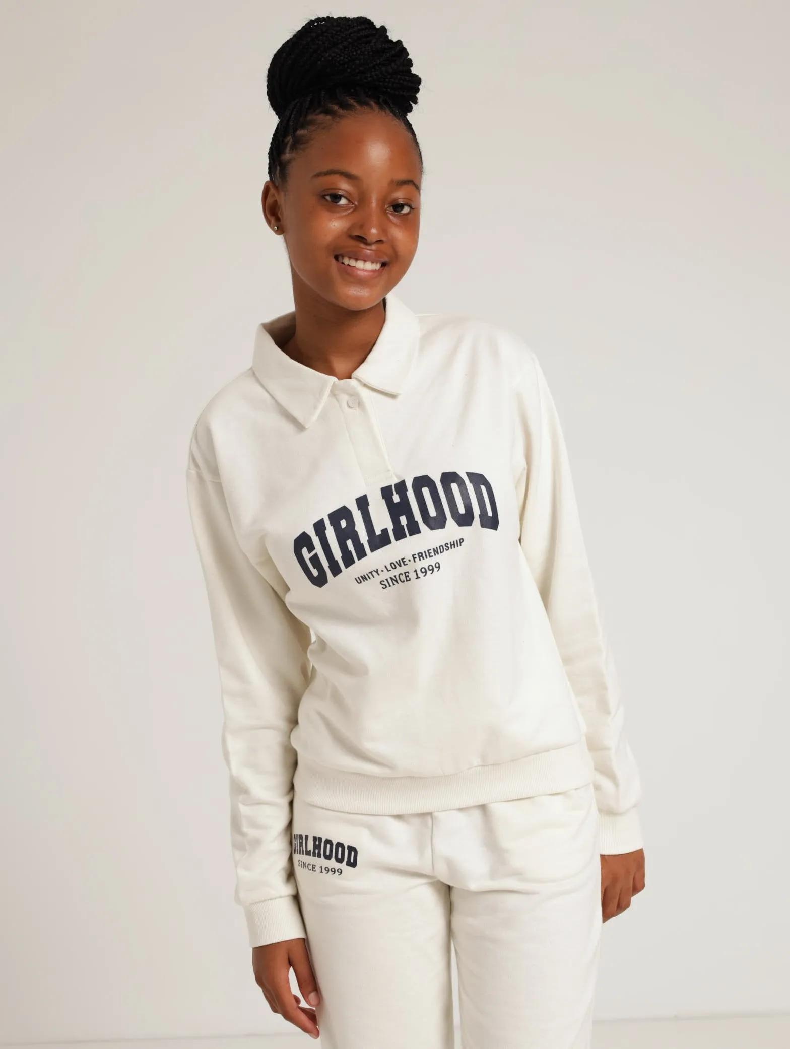 Henley Collar Fleece Top - Cream